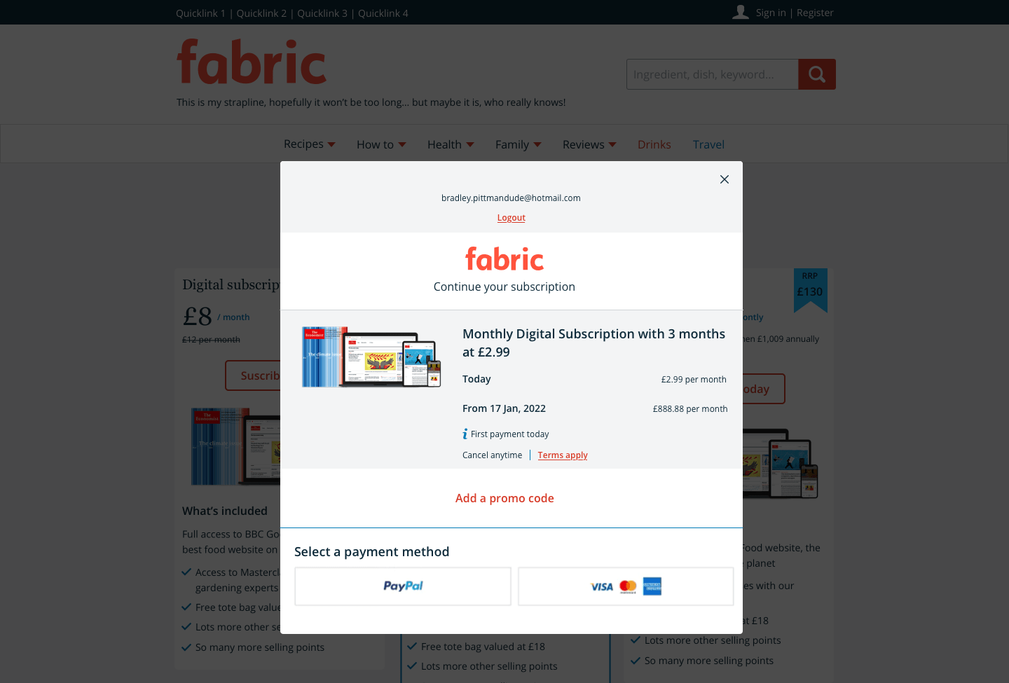 A slate design of the subscription checkout