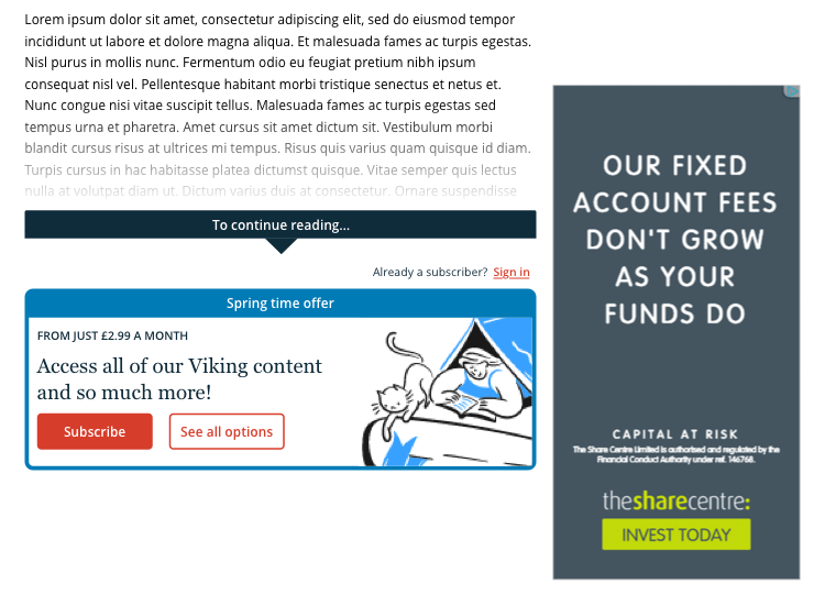 A slate design of an inline paywall on a premium article