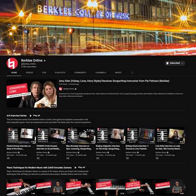 A screenshot of the Berklee Online youtube page