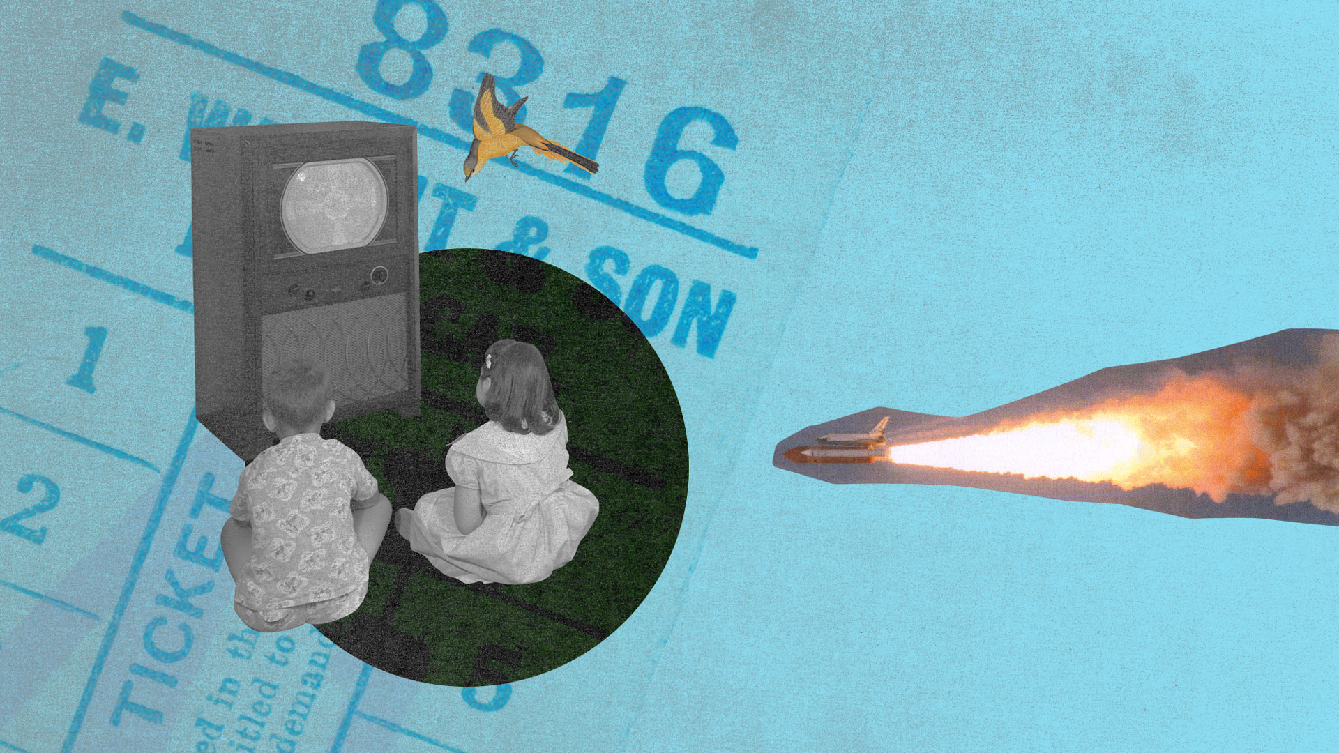 A surreal collage of children sitting in front of a wireless with a spaceship flying towards them