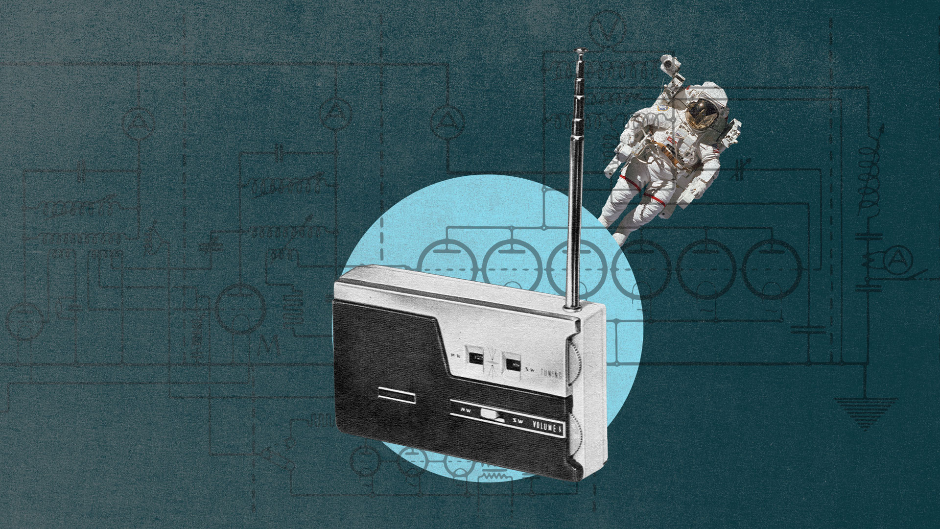 A surreal collage of a radio with an astronaut floating over a circle