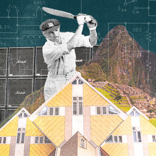 A surreal scene of Donald bradman behind some nordic cube buildings with Machu Picchu and a wall or Marshall amplifier cabinets behind him