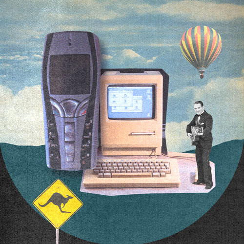 A surreal scene of an old Nokia phone and Macintosh Lisa computer in front of a sky background with musician, road sign and hot air balloon