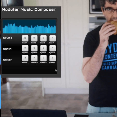 A screenshot of a video showing a musical graphic interface and a man eating a sandwich