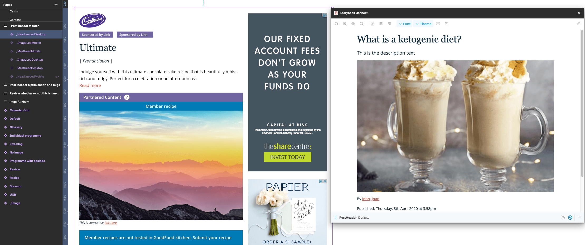 A screenshot of a Figma Component of a Post Header next to the Storybook version of that component.