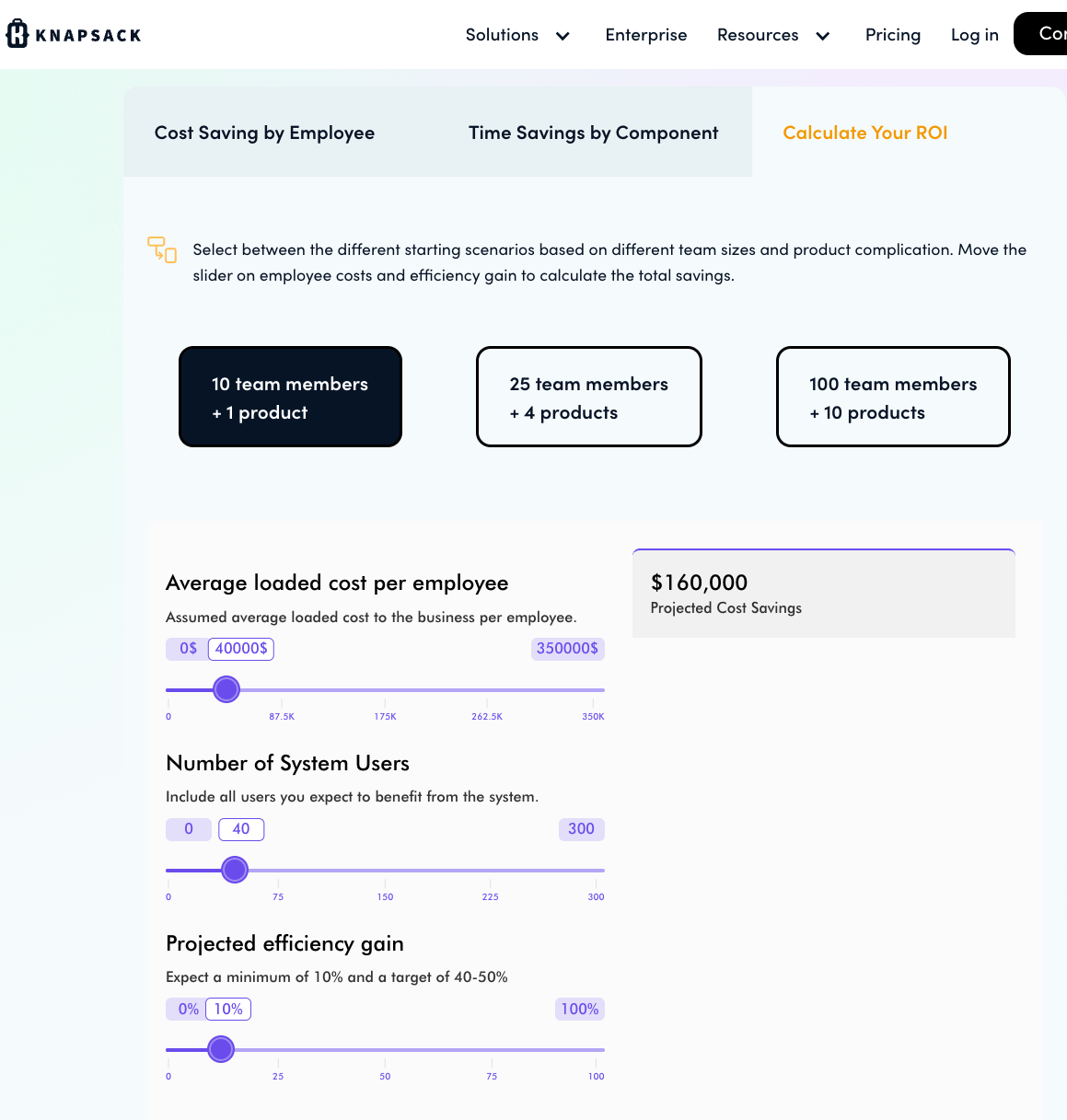 A screenshot of Knapsack's design system calculator showing three sliders with values on number of employees, number of products, percentage of efficiency.