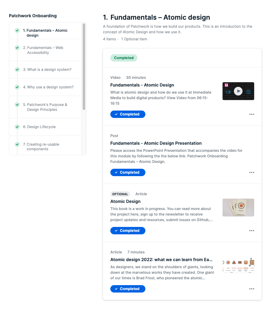 A screenshot of Degreed Platform with a Patchwork onboarding lesson marked complete