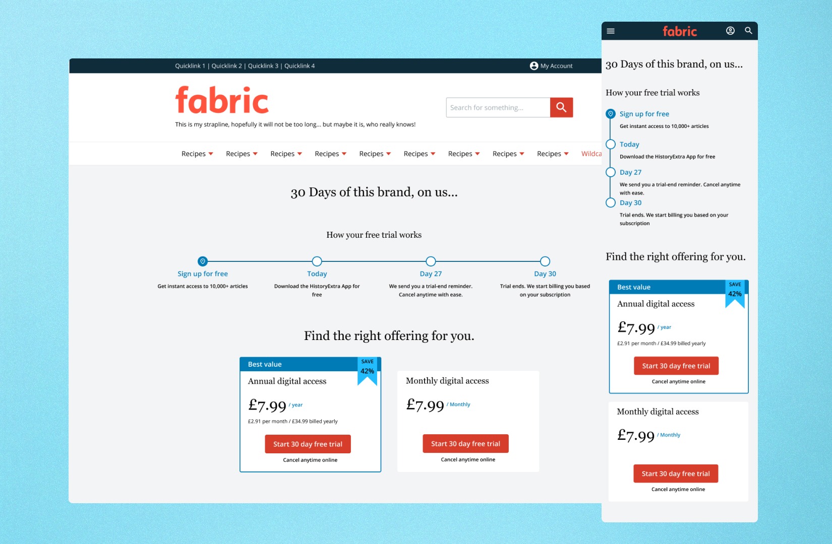 A mockup of the subscriptions offer page on desktop and mobile