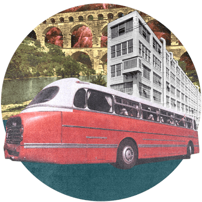 A surreal collage of a tour bus driving in front of a building which is front of a bridge with space in the background