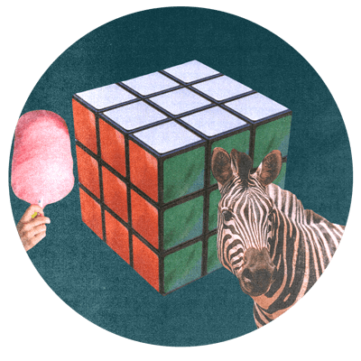 A surreal collage with a finished rubix cube, some cotton candy and a zebra