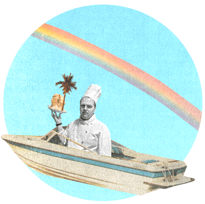 A surreal collage of a chef in a speed boat, serving up the sphinx with a palm tree.