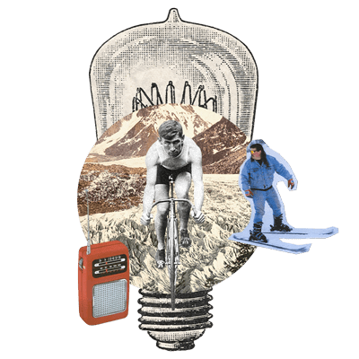 A surreal collage of a lightbulb with glacier, a cool dude sking, a vintage bike racer and an old hand held radio